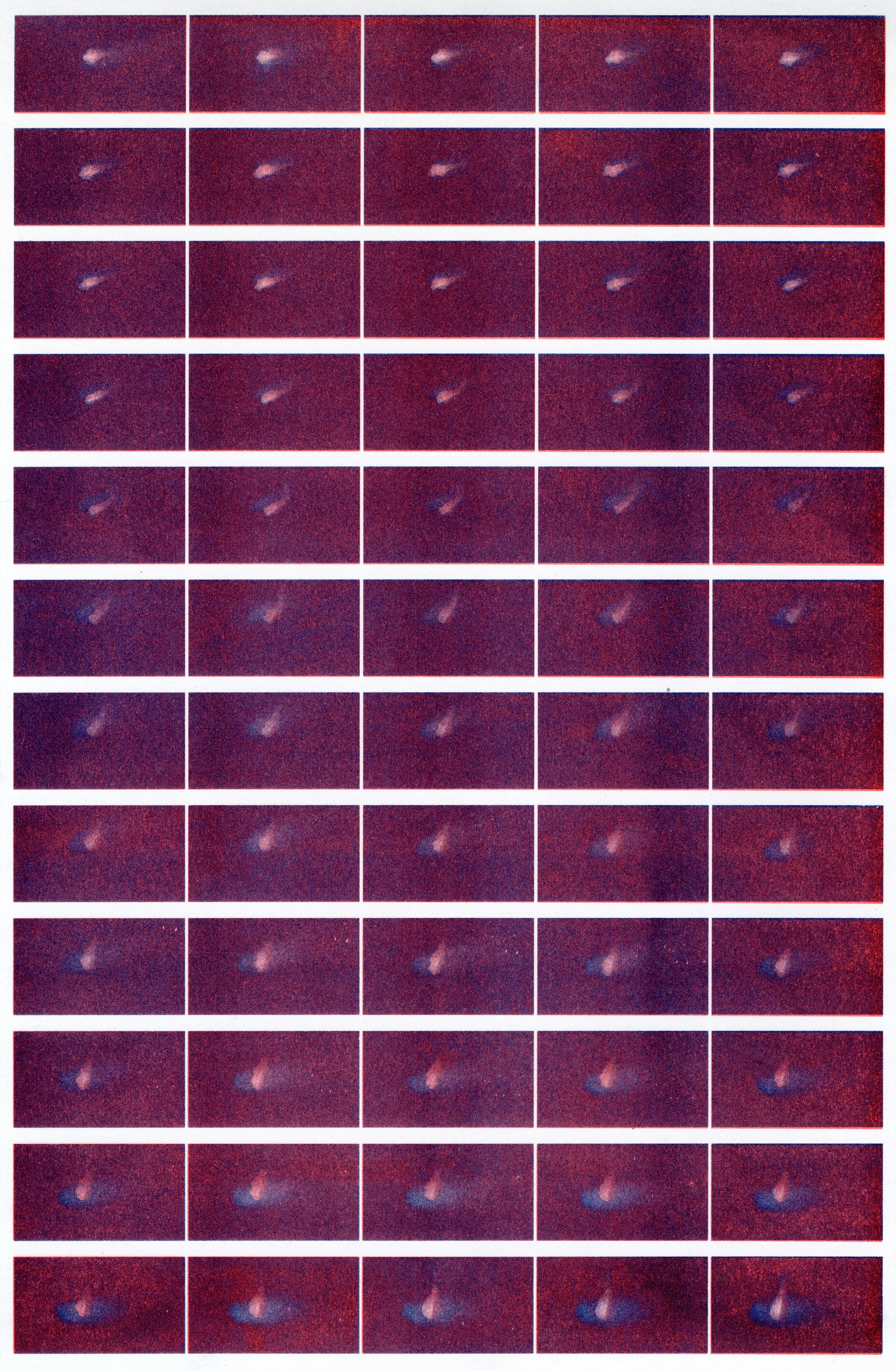 A contact sheet tracing a cuttlefish moving and changing shape through dark water.