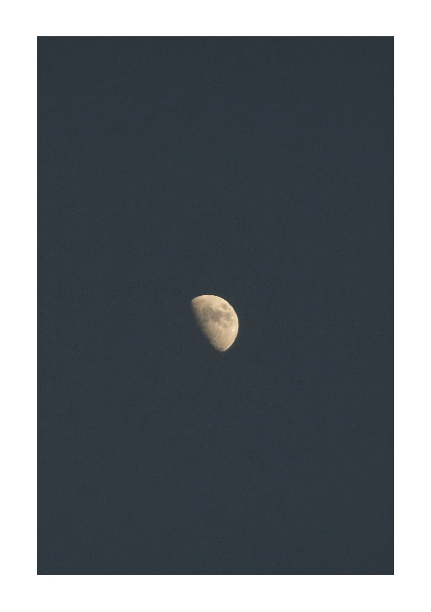 A pale half moon suspended against a deep blue-black sky.