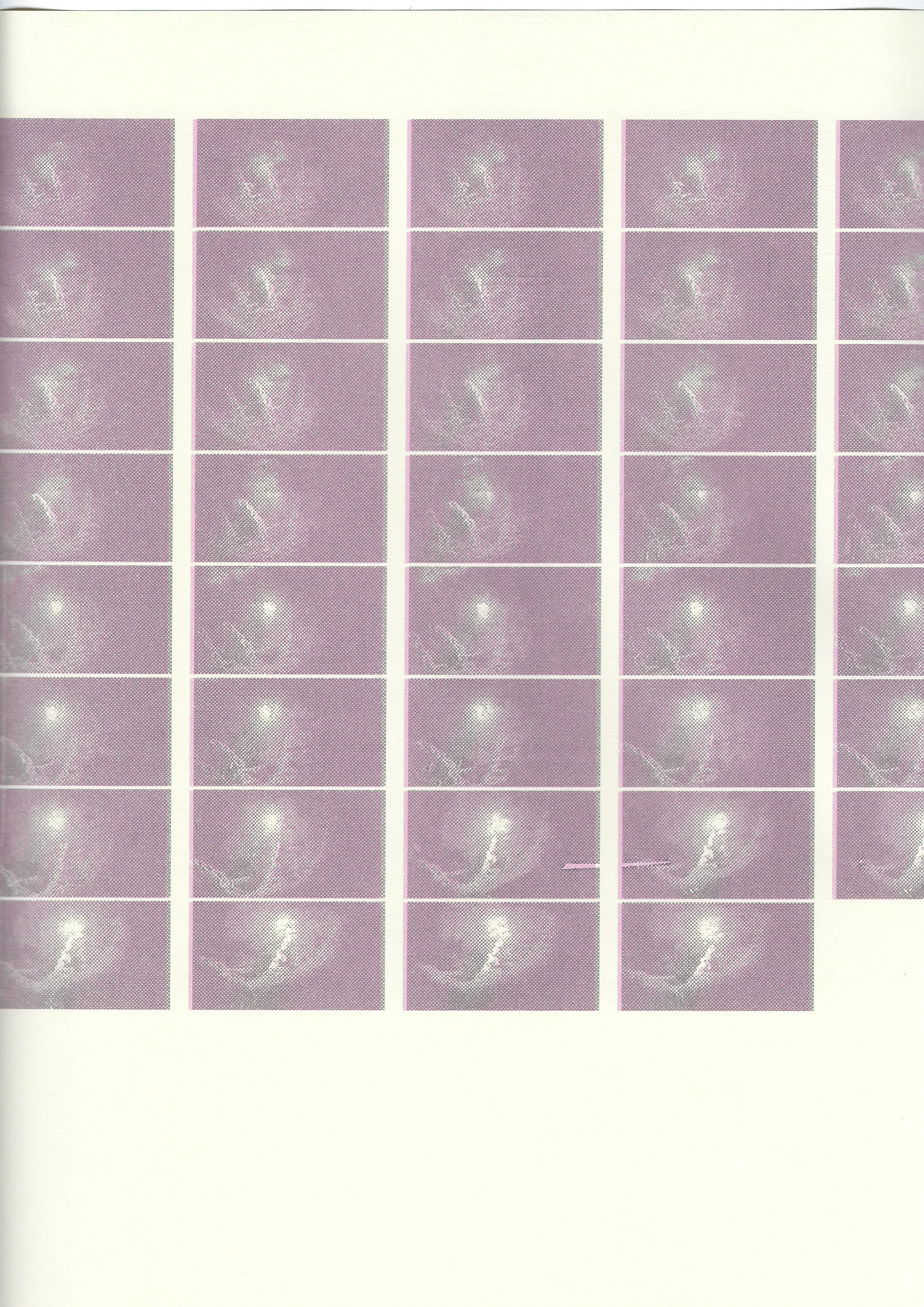 A bright purple halftone sequence of a cuttlefish opening and changing shape underwater.